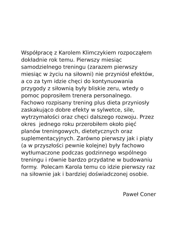 Referencje trener personalny, osobisty Częstochowa Karol Klimczyk